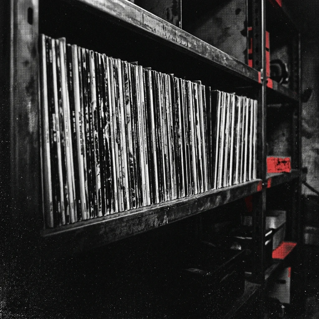 Hilera de vinilos de rock clásico en blanco y negro sobre anaquel de madera oscura — espinas de portadas abstractas sin texto visible, atmósfera de colección seria