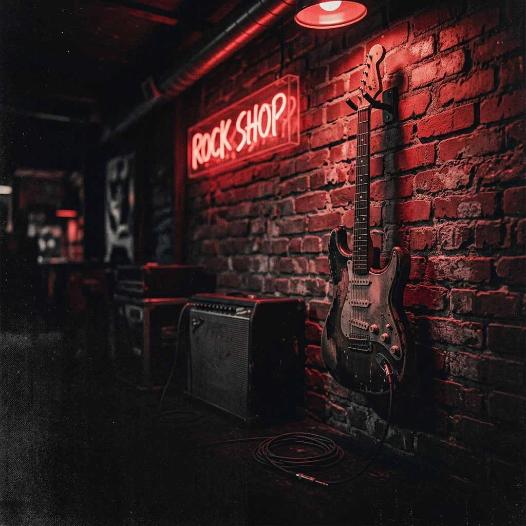 Guitarra eléctrica colgada en pared de ladrillo rojo con iluminación tenue rojiza — ambiente de club subterráneo, sin personas ni marcas visibles