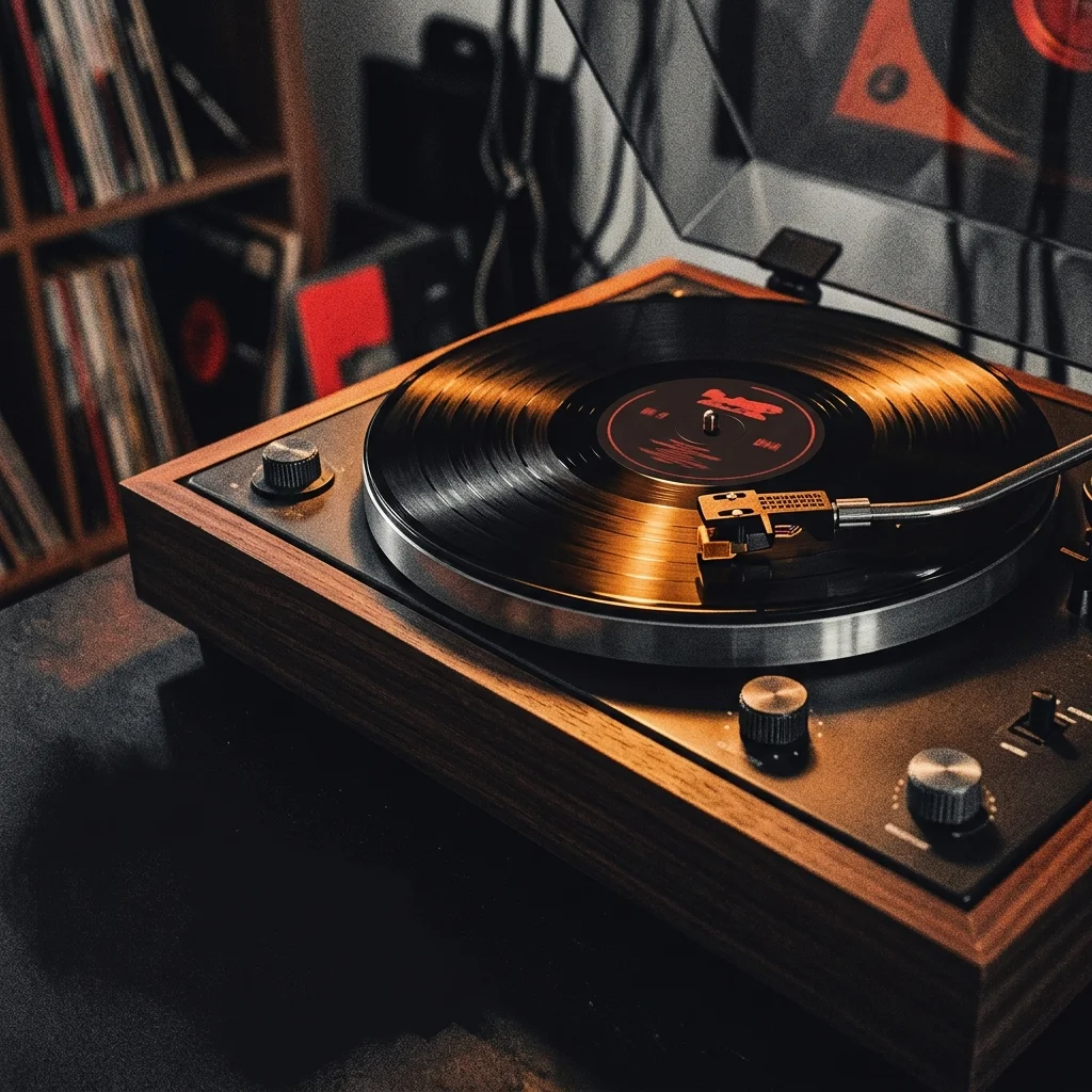 Tocadiscos de vinilo en marcha con aguja sobre surcos, iluminación cálida ámbar sobre madera oscura — atmosfera de escucha profunda sin marcas visibles