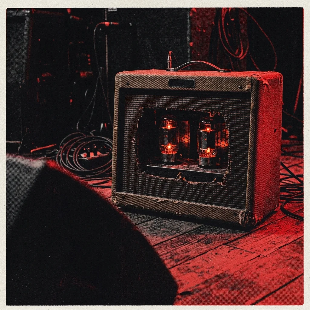 Amplificador de bulbos vintage en escenario oscuro con luz roja gritty — válvulas termoiónicas encendidas con brillo naranja visible a través de la rejilla metálica, acabado tweed desgastado