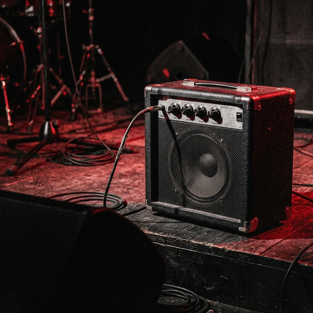 Amplificador de transistores negro compacto sobre tarima de ensayo con iluminación gritty rojo y negro — panel frontal con perillas de EQ y volumen, altavoz de 12 pulgadas visible