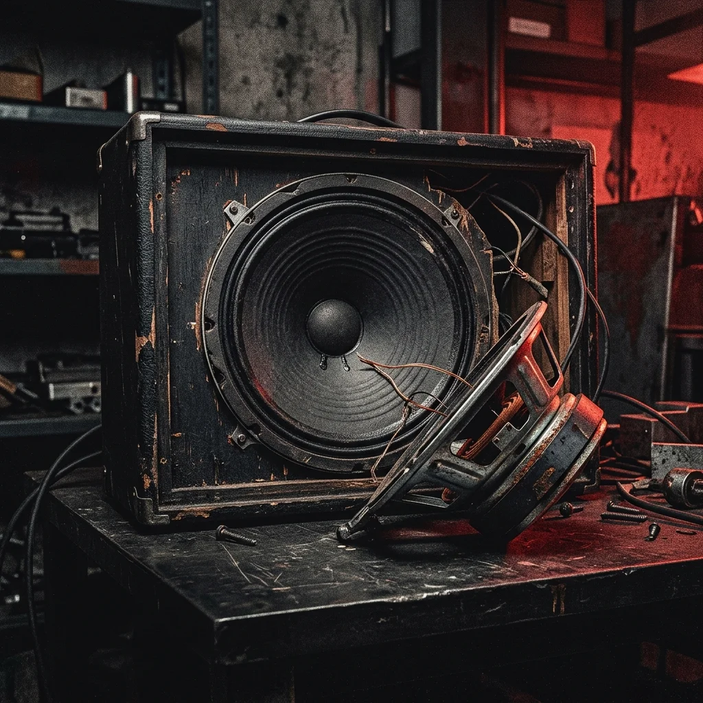 Interior de bafle de guitarra con altavoz de 12 pulgadas desmontado sobre fondo negro industrial — conos de papel, bobina central y marco metálico visibles, iluminación gritty roja