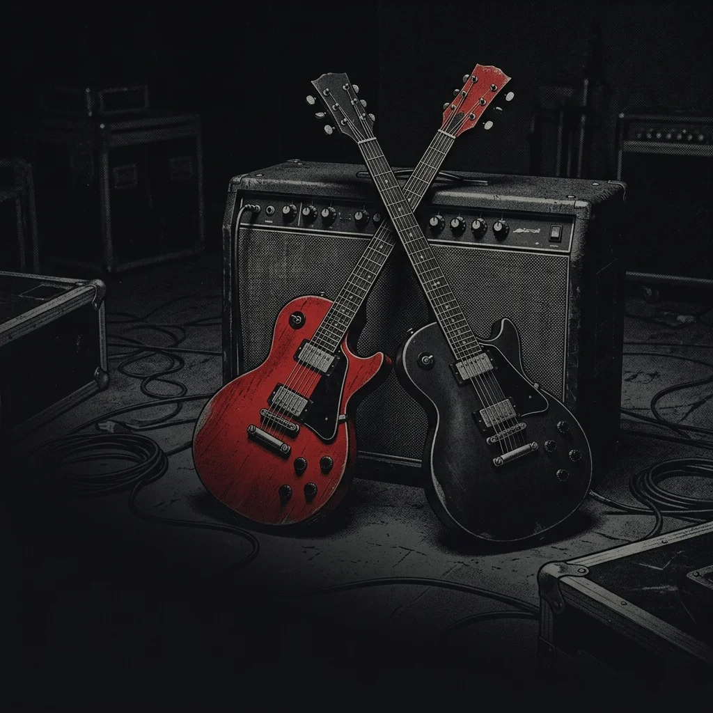 Dos guitarras eléctricas cruzadas sobre amplificador apagado en habitación oscura — una de cuerpo sólido roja, otra negra, ambiente de ensayo sin personas ni marcas