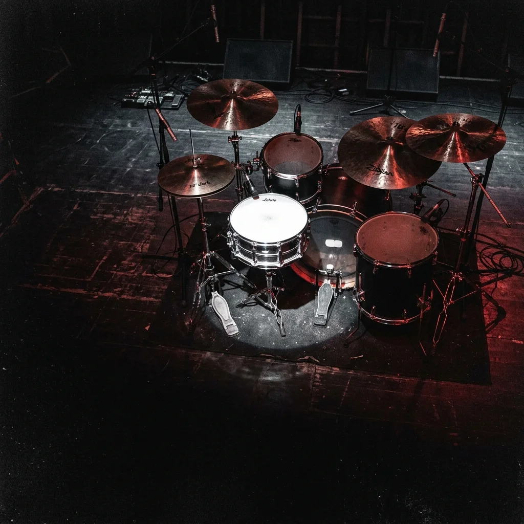 Kit de batería completo en escenario oscuro visto desde arriba, iluminación dramática cenital blanca sobre el redoblante — sin baterista, platillos brillantes