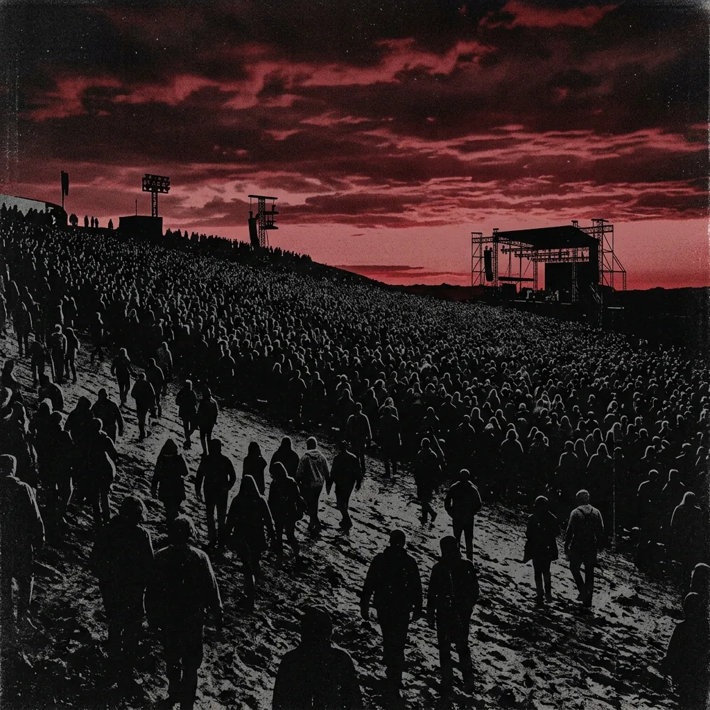 Multitud inmensa en silueta sobre un campo embarrado al atardecer frente a un escenario lejano, evocando el Festival de Avándaro de 1971