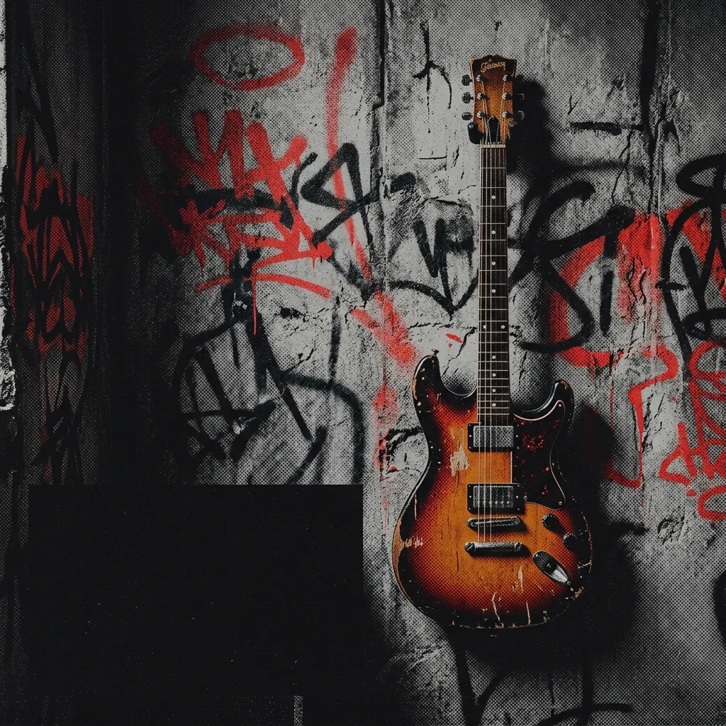 Guitarra eléctrica clásica sunburst desgastada colgada en pared de concreto con grafiti abstracto rojo y negro — estética urbana cruda, sin texto ni marcas visibles