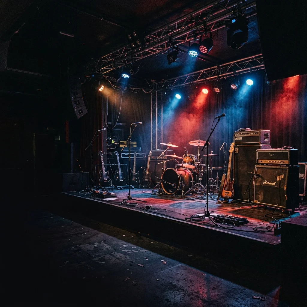 Escenario de foro mediano vacío con luces de colores encendidas en azul y rojo, sin artistas, instrumentos listos sobre el escenario — atmósfera previa al concierto
