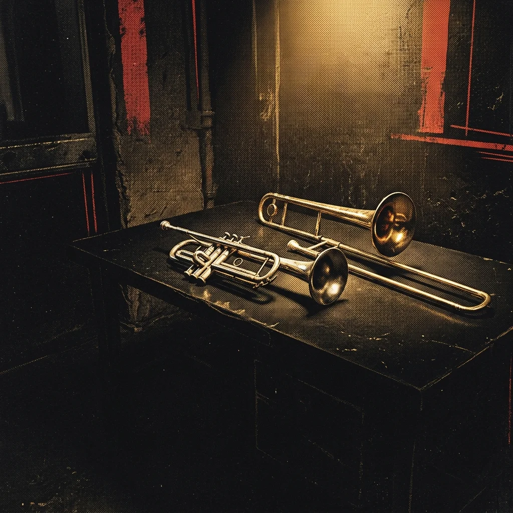 Sección de metales — trompeta y trombón plateados sobre fondo negro con iluminación cálida dorada — instrumentos de brass sin músicos, ambiente de foro independiente