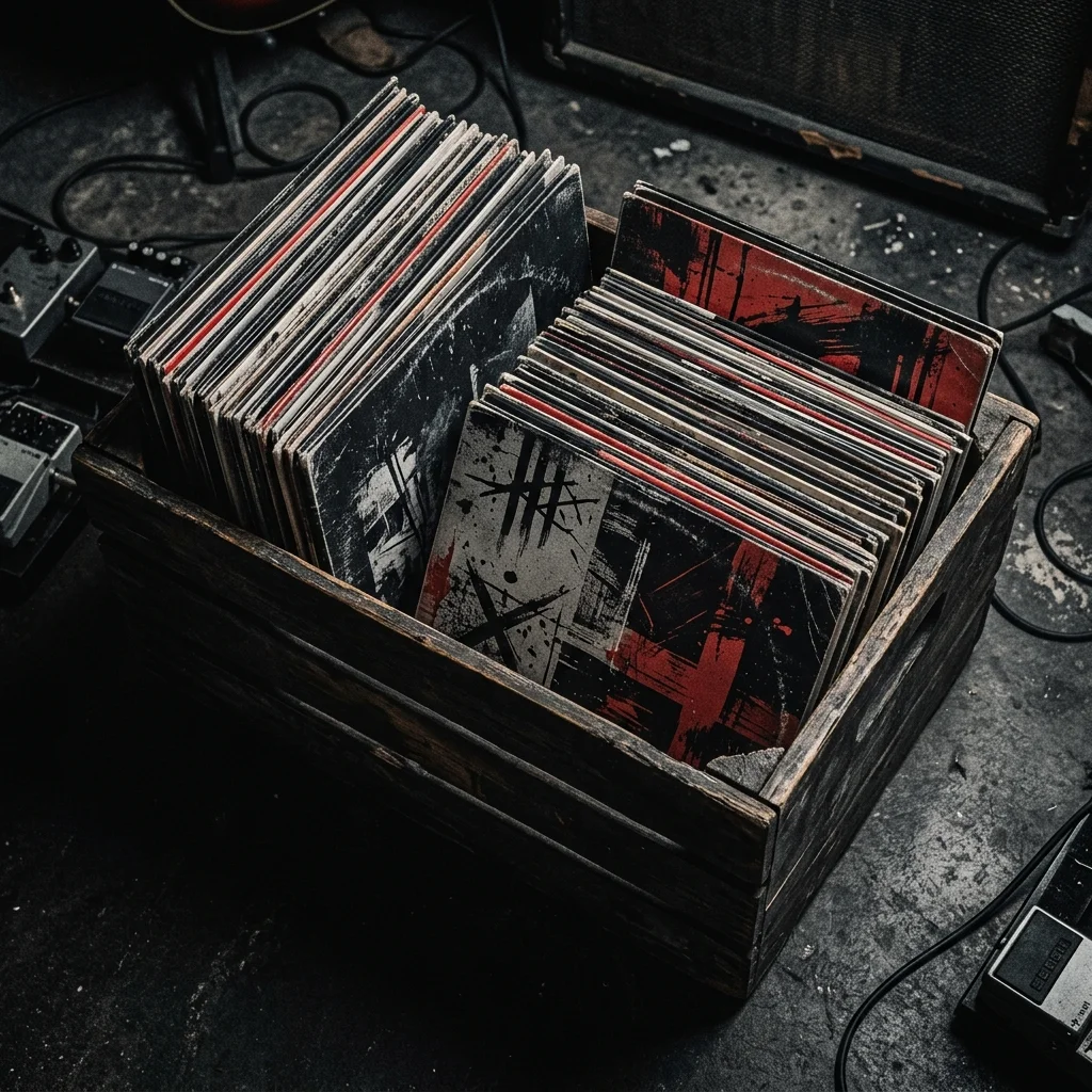 Colección de vinilos de rock en crate de madera, vistas desde arriba — portadas en negros, rojos y blancos, sin texto legible ni logos de banda