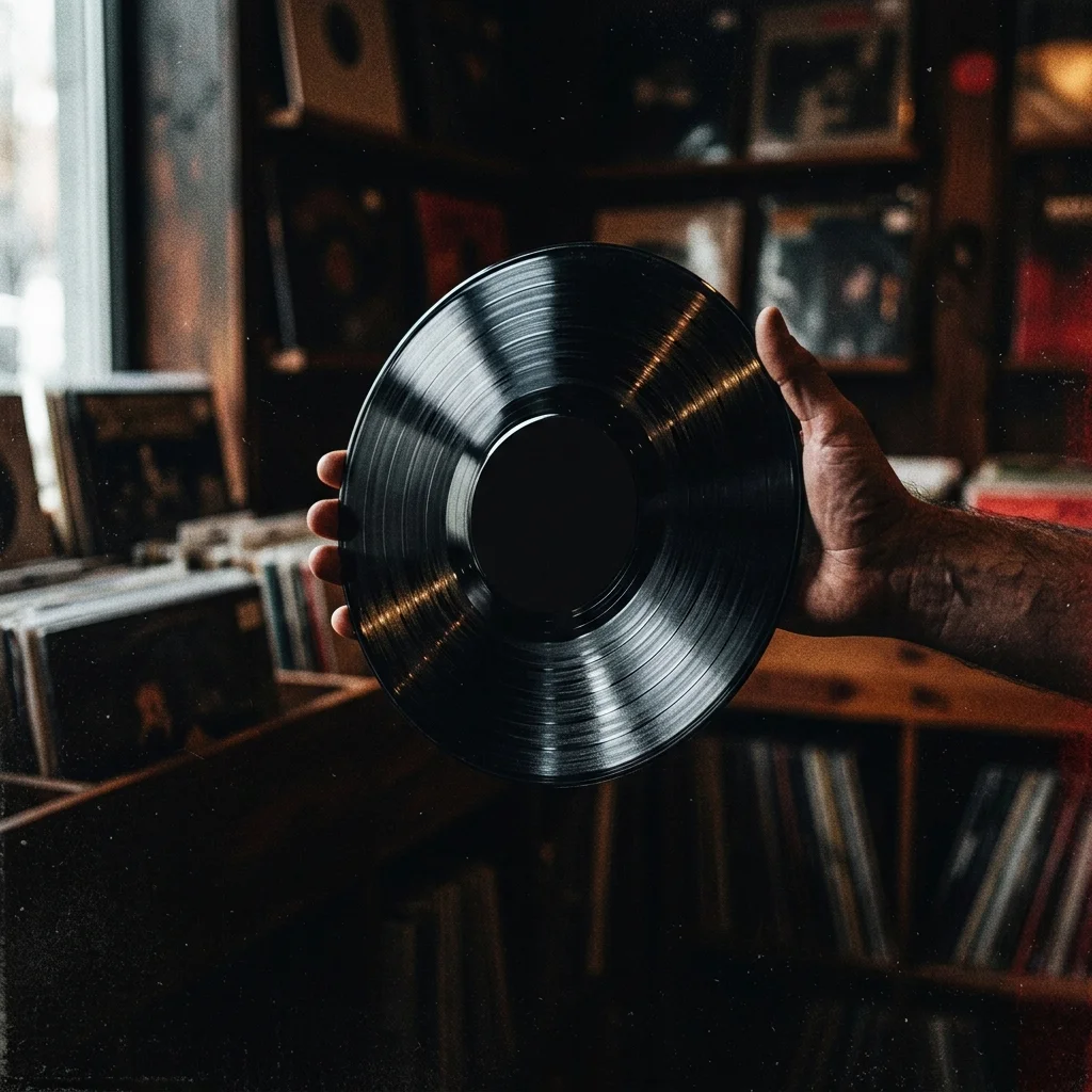 Mano sosteniendo un disco de vinilo negro contra luz natural — surcos visibles con destellos, sin rayones, fondo oscuro y neutro