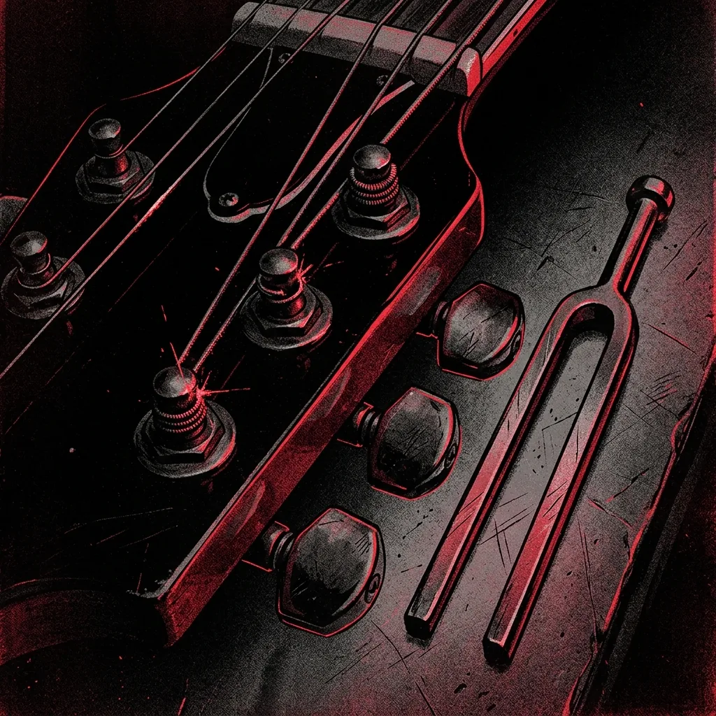 Primer plano del clavijero de una guitarra con clavijas de afinación y cuerdas tensas junto a un diapasón metálico, iluminado en rojo