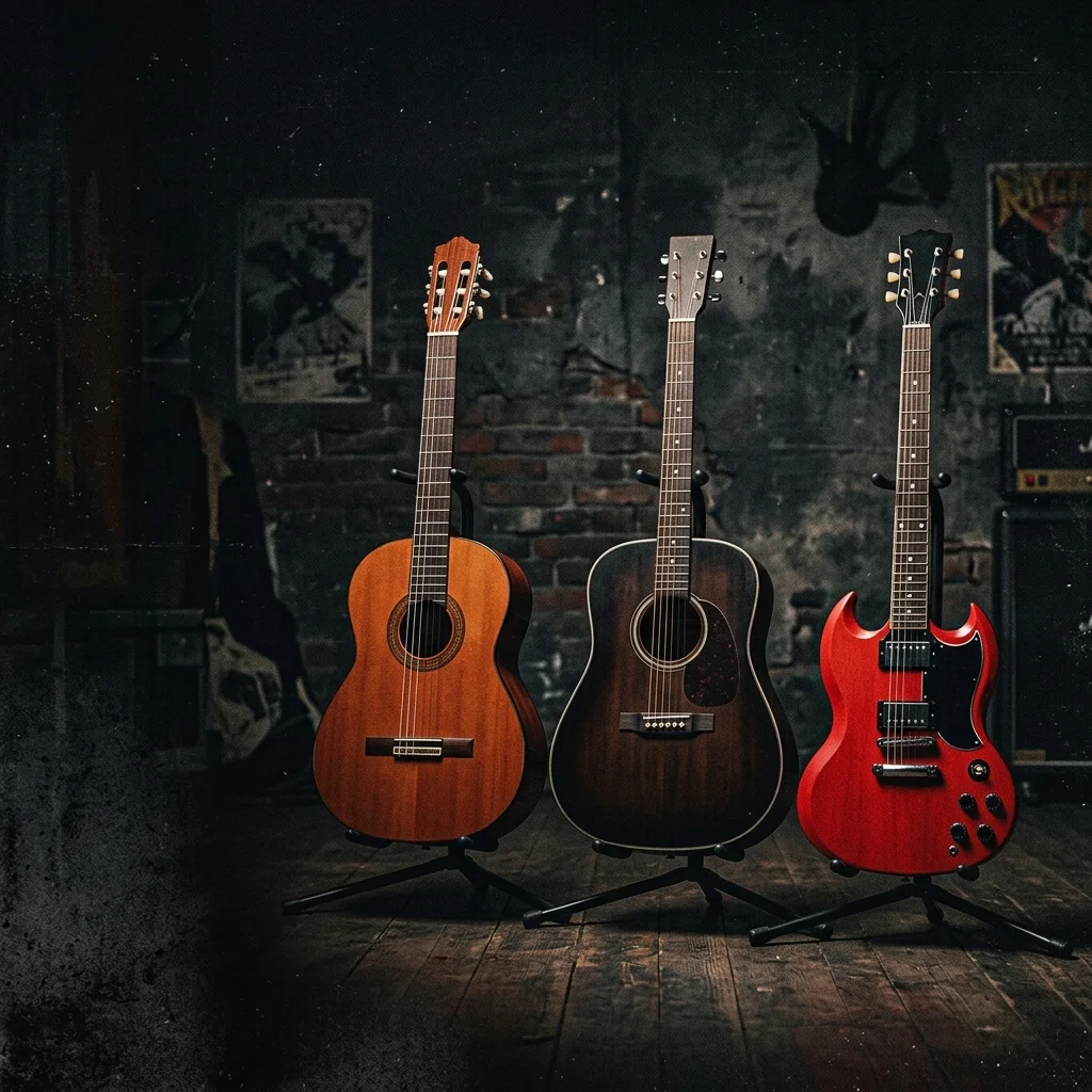 Tres guitarras sobre fondo negro: guitarra clásica de nylon roja, acústica de acero oscura y guitarra eléctrica roja apoyadas en soportes — comparación visual de tipos de instrumento para principiantes