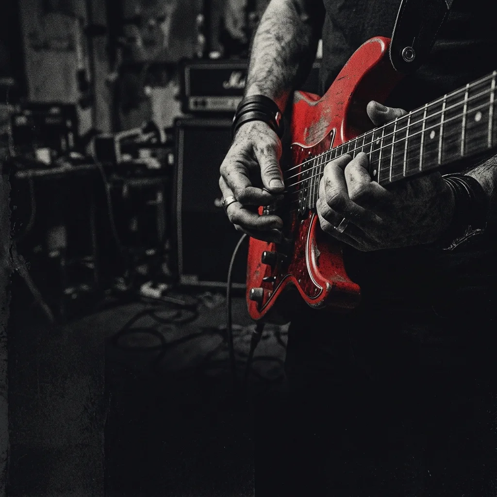 Manos sobre mástil de guitarra eléctrica roja mostrando posición correcta de dedos sobre trastes — pulgar detrás del mástil, dedos curvados, sin palma tocando la madera