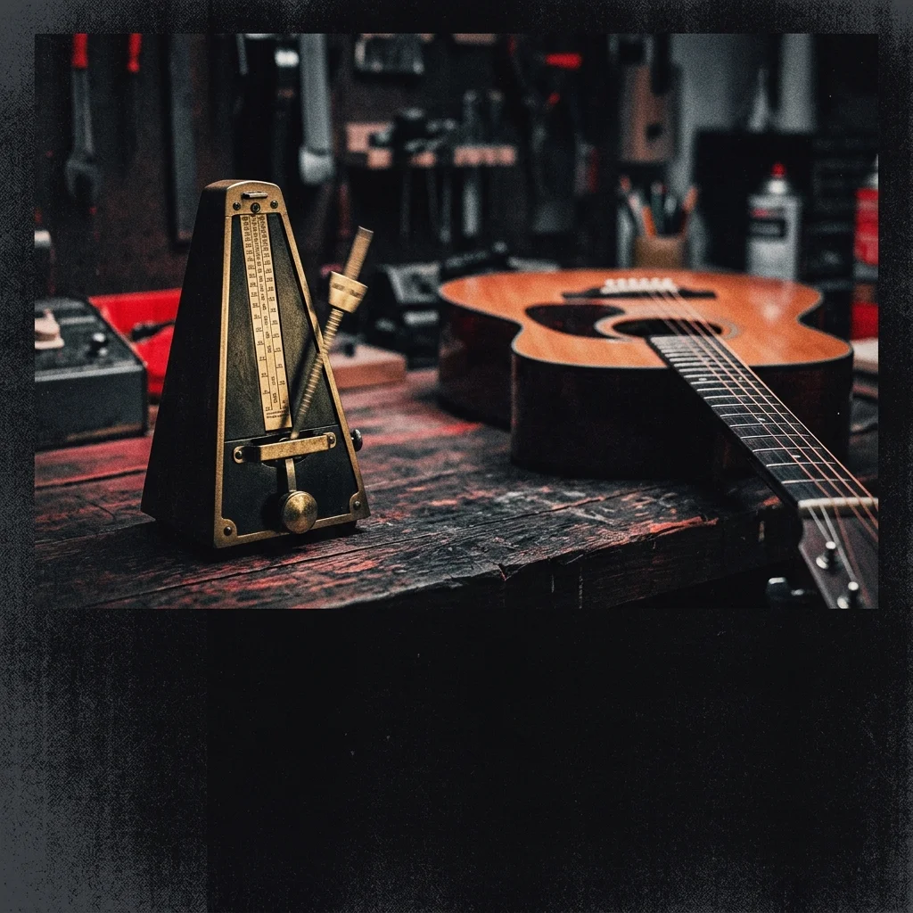 Metrónomo mecánico dorado sobre superficie de madera oscura junto a guitarra acústica desenfocada al fondo — símbolo de práctica estructurada y tiempo musical