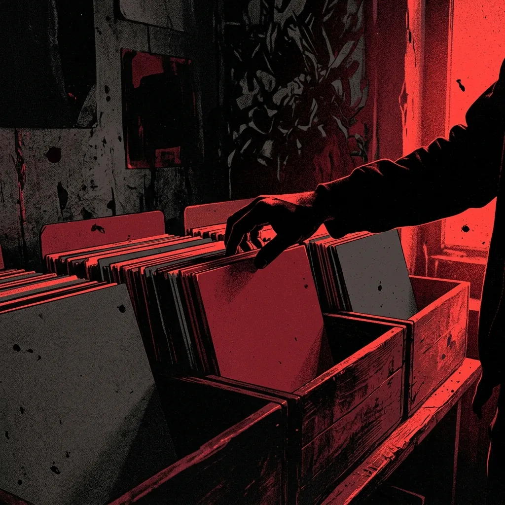 Mano hojeando discos de vinilo en una caja de madera bajo luz roja, con las fundas de color liso