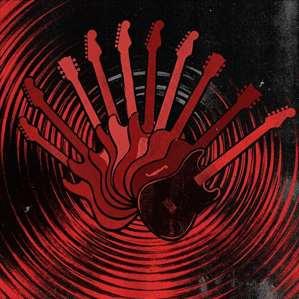 Abanico de siluetas de guitarras eléctricas de distintas formas superpuestas sobre ondas de sonido concéntricas rojas