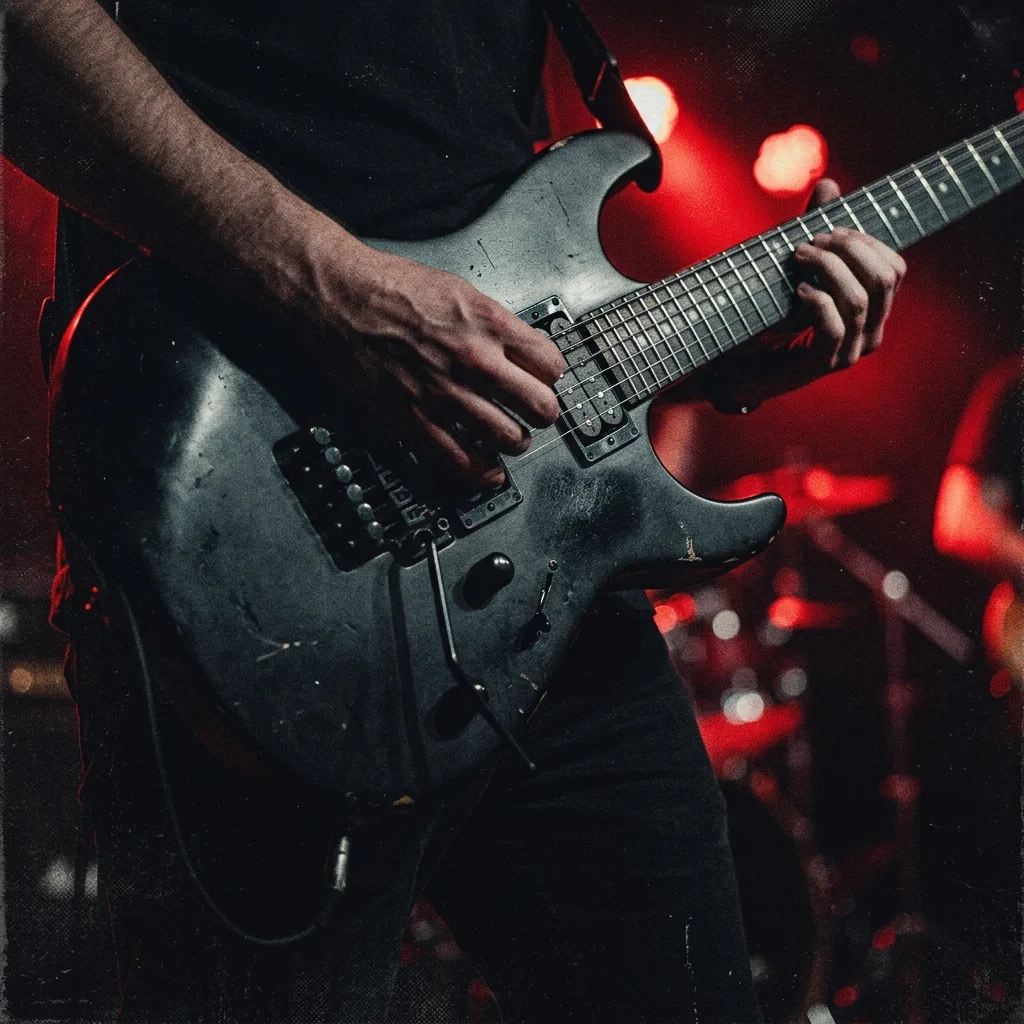 Manos de guitarrista en primer plano sobre pastillas de guitarra eléctrica negra con cuerdas gruesas, luces rojas de escenario en el fondo — énfasis en el tono y la distorsión