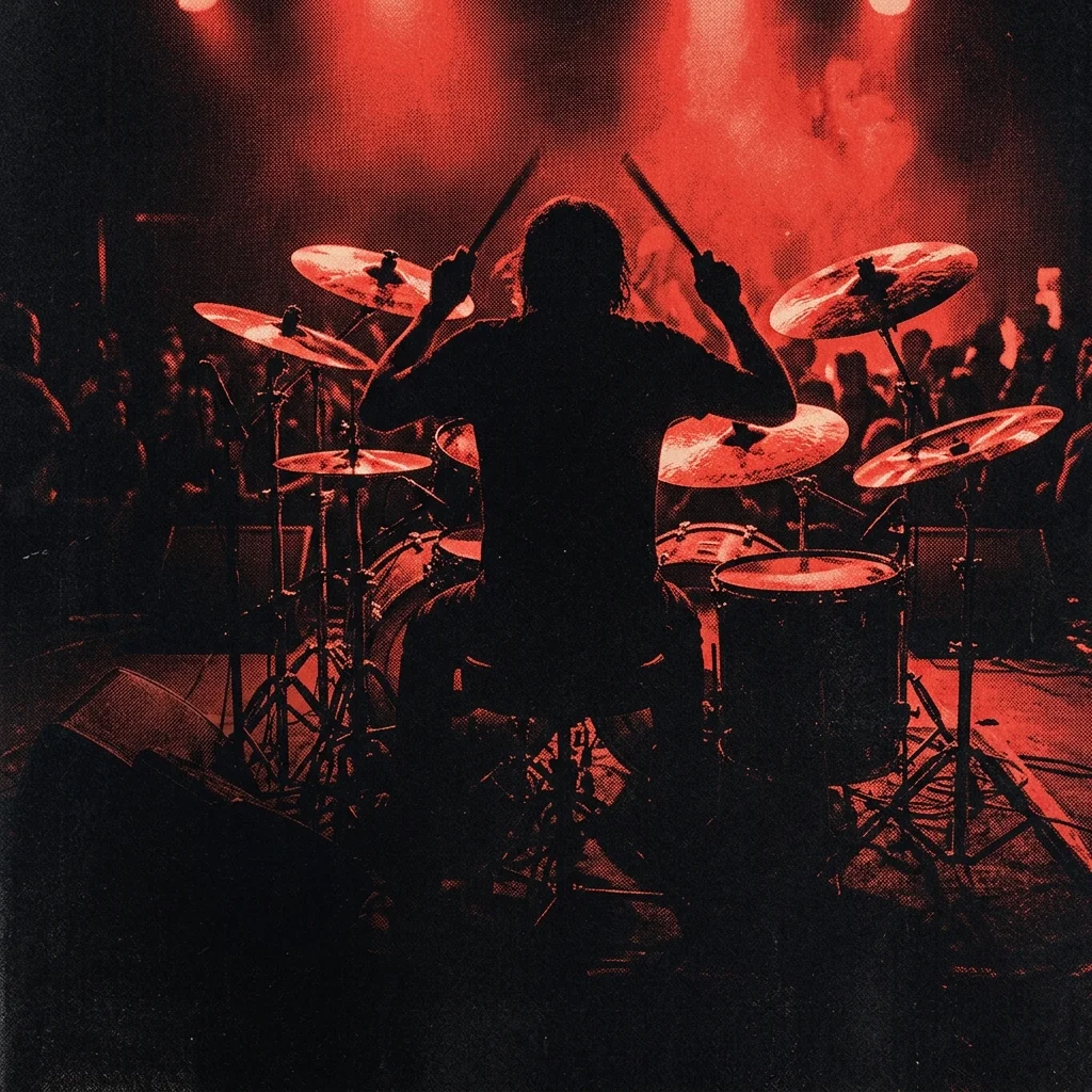 Baterista en silueta oscura con cymbals brillando en luz roja, vista desde detrás del kit en show de metal — doble bombo y energía explosiva visible en la postura