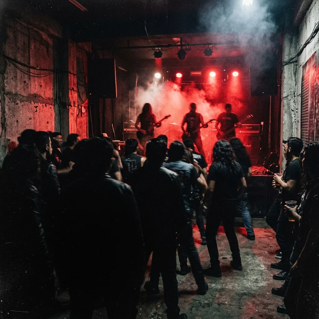 Escenario íntimo de venue underground mexicano con iluminación roja rasante, fondo de concreto expuesto y humo de máquina, sin rostros reconocibles — atmósfera gritty del metal independiente