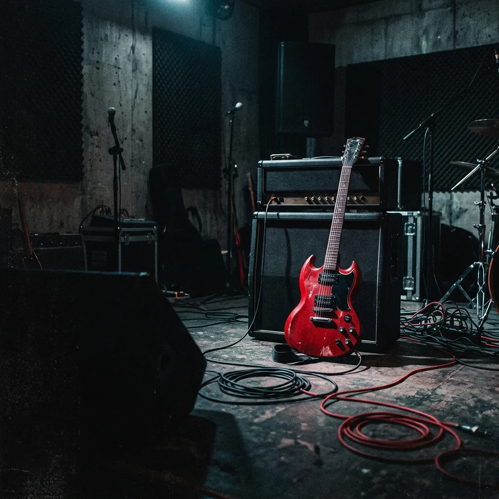 Guitarra eléctrica roja de cuerpo sólido apoyada sobre amplificador negro en cuarto de ensayo con iluminación tenue, cables en el suelo, ambiente underground sin logos ni marcas visibles