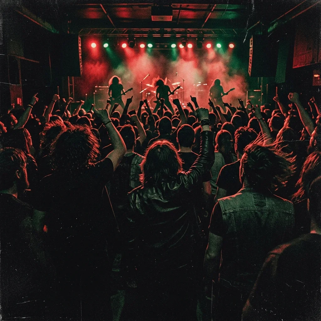 Vista desde atrás de público en concierto de metal en recinto pequeño, iluminación roja y verde desde el escenario, siluetas de personas con los brazos levantados sin rostros visibles