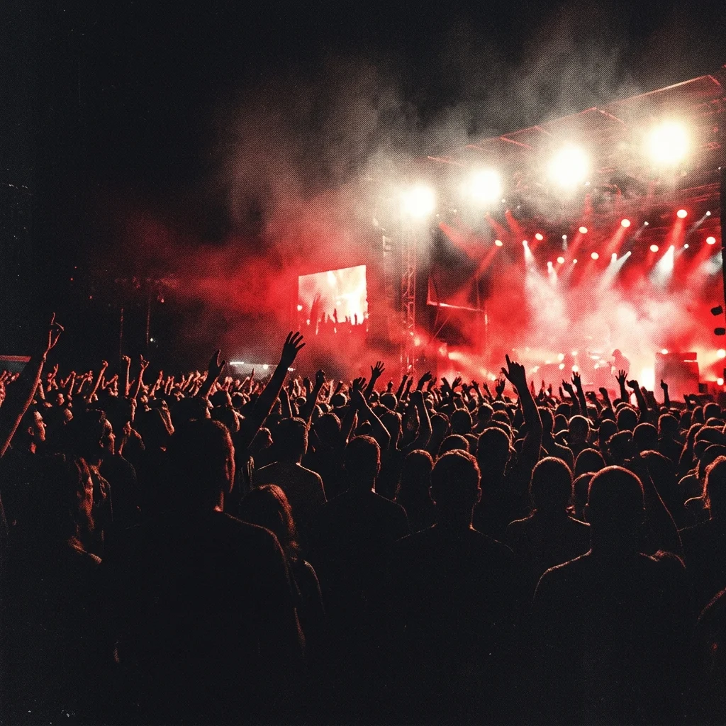 Vista desde atrás de una multitud en un festival nocturno — siluetas contra luces rojas y blancas del escenario, brazos en alto, atmósfera de concierto rock sin caras visibles