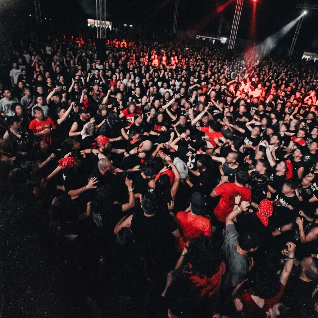 Pit de festival de rock visto desde arriba — multitud densa con camisetas negras y rojas, energía intensa, perspectiva aérea sin caras reconocibles