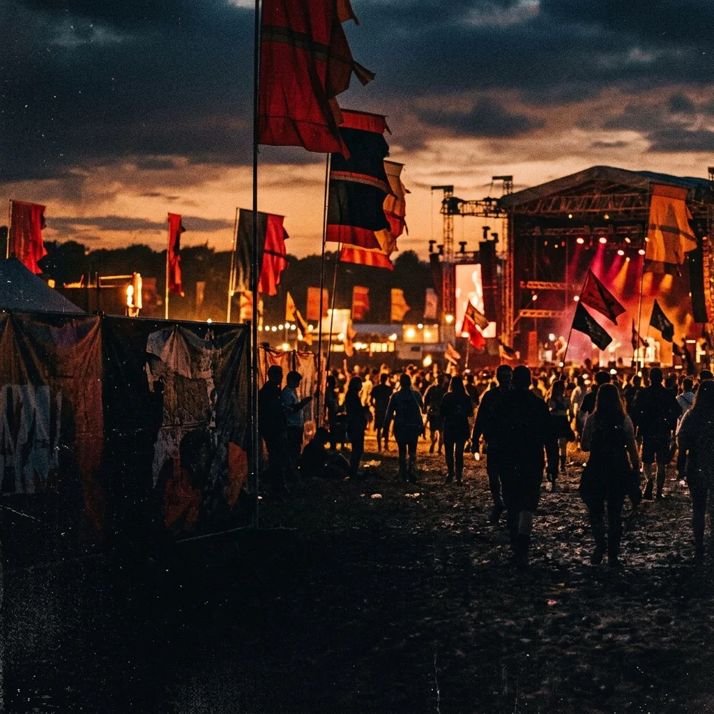 Campo de festival al atardecer — luces cálidas, siluetas de personas caminando entre escenarios, banners de colores rojo y negro al fondo, sin caras ni texto legible