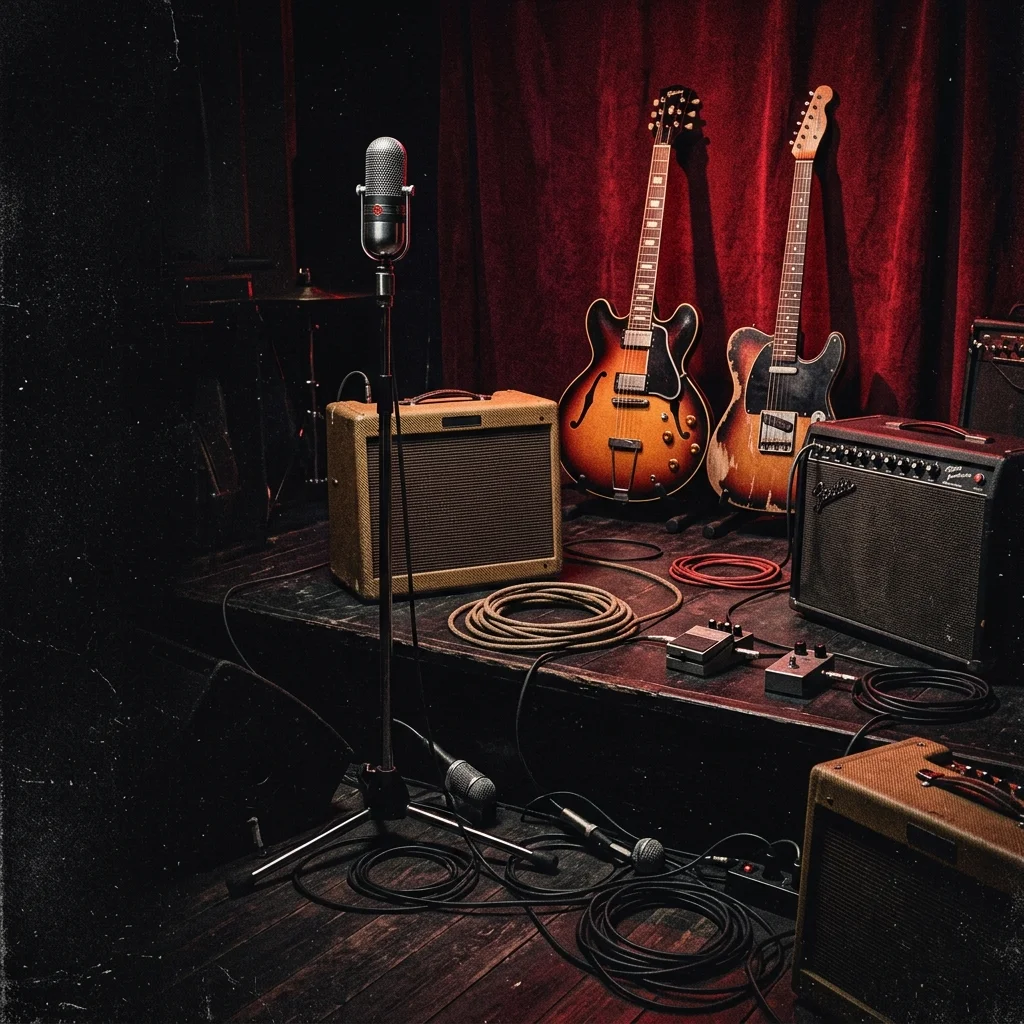 Escenario de los años 50: guitarras eléctricas vintage sobre fondo rojo oscuro, cables, amplificadores de tubo y micrófonos de cinta — estética rockabilly sin logos ni caras