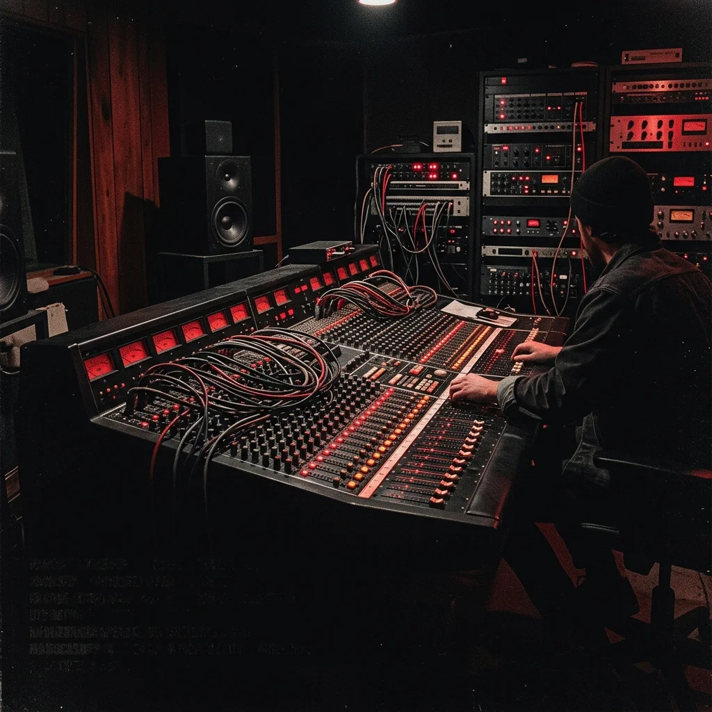 Sala de control de estudio de grabación de los 80: consola analógica con sliders iluminados, cables de patch, racks de efectos — sin personas, estética técnica noir en rojos y negros