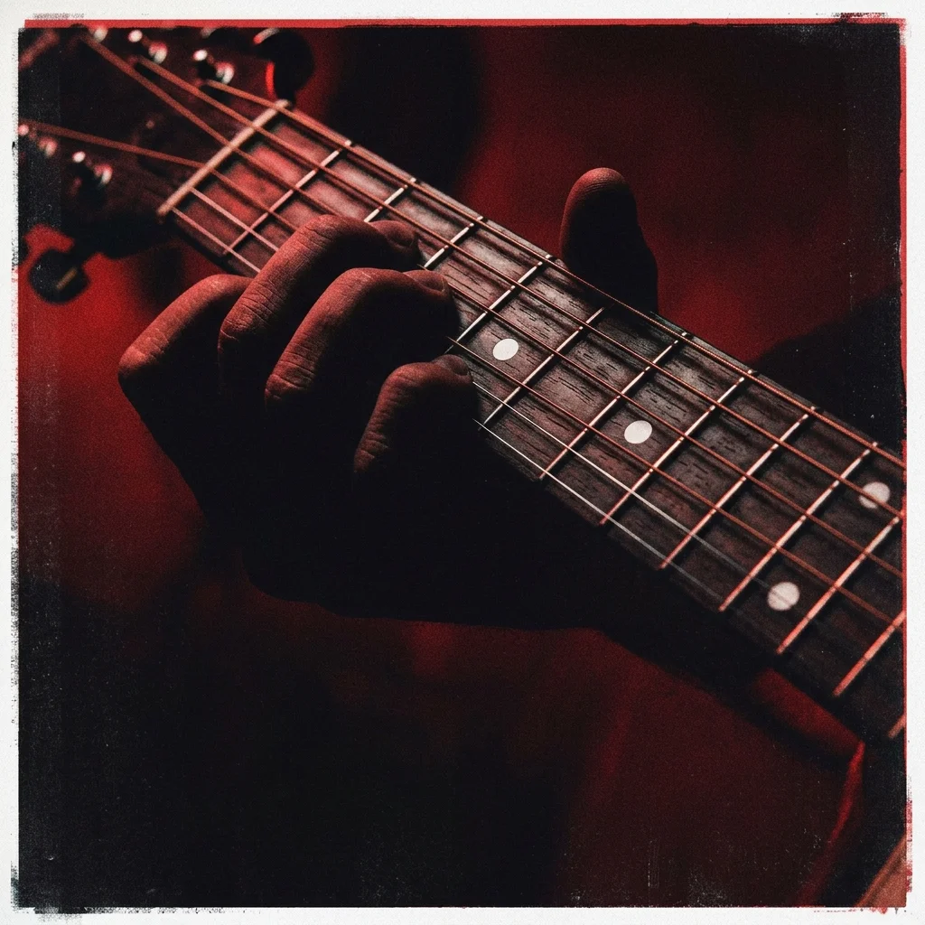 Mástil de guitarra acústica oscura visto desde arriba mostrando cuerdas y trastes numerados, con mano izquierda posicionando dedos sobre el tercer traste — perspectiva didáctica para aprender tablaturas