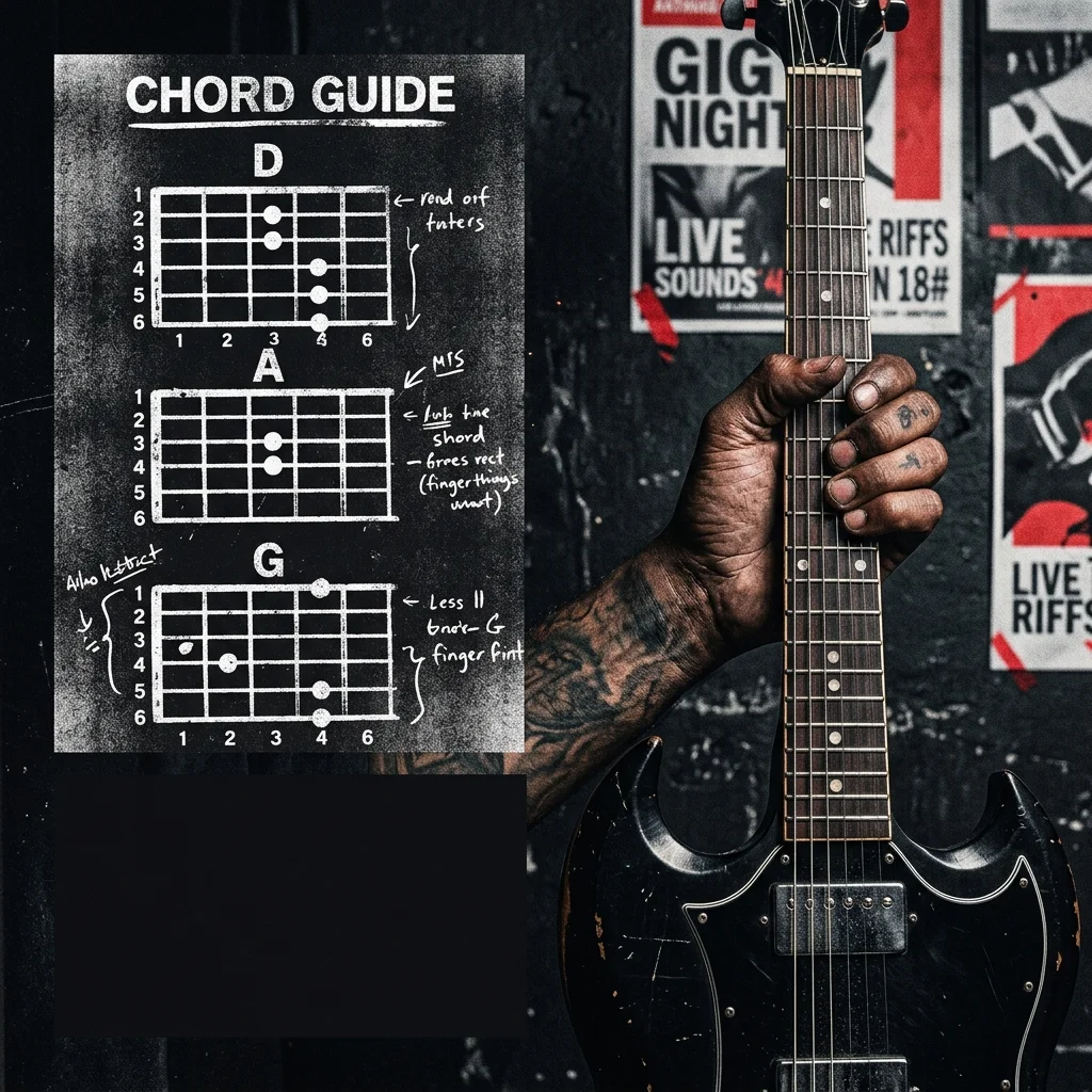 Diagrama impreso de acordes de guitarra sobre papel blanco con marcaciones de dedos, junto a mano sobre mástil de guitarra negra mostrando el acorde Am — de la teoría a la práctica