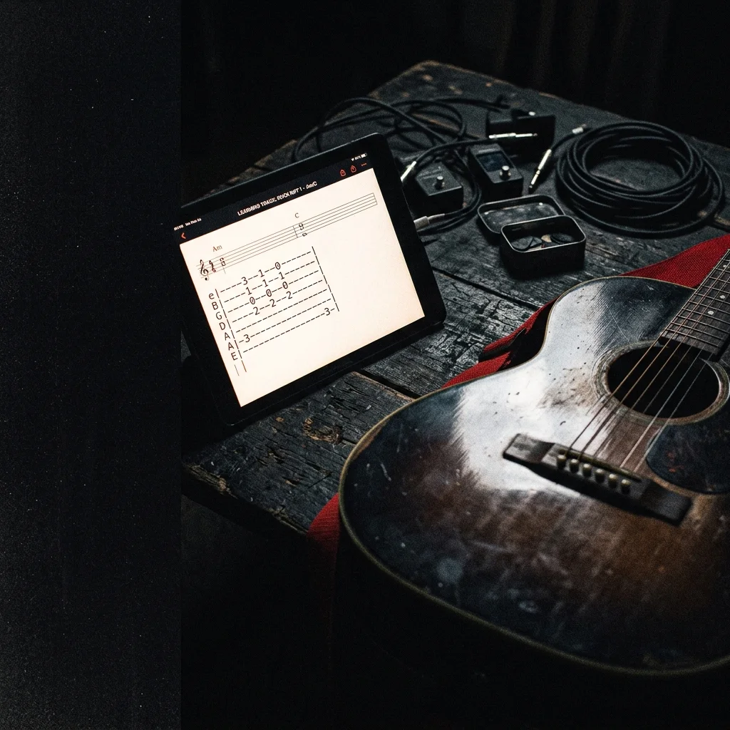 Pantalla de laptop mostrando tablatura de guitarra en plataforma online, con guitarra acústica al lado sobre mesa de madera oscura — proceso de aprender canción combinando recurso digital e instrumento real
