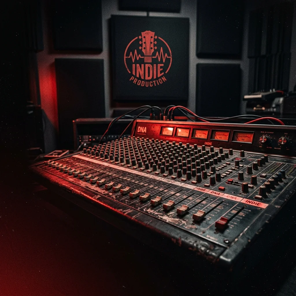 Mesa de mezclas analógica vintage con faders y perillas en estudio de grabación con iluminación cálida, fondo de paneles acústicos de espuma gris, sin logos ni personas — símbolo de producción musical independiente