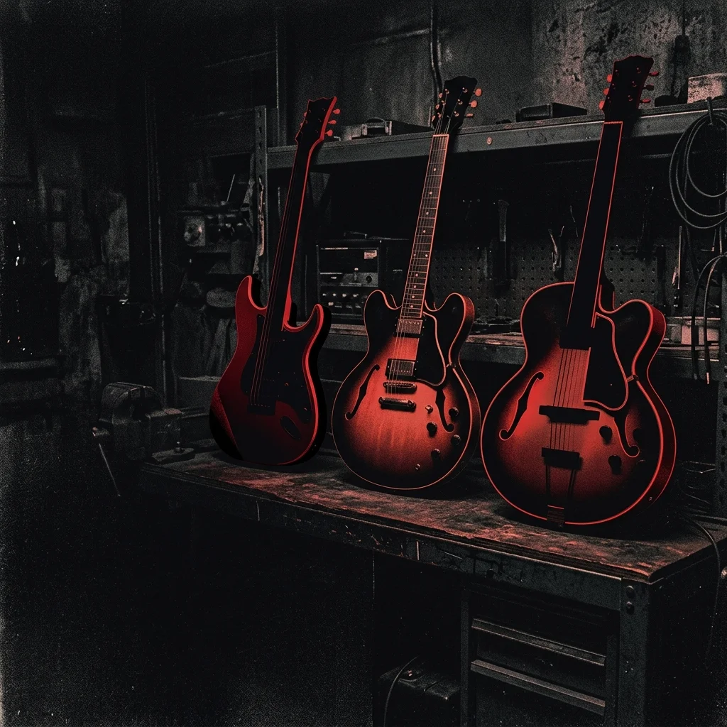 Tres guitarras eléctricas sobre fondo negro: cuerpo sólido tipo Stratocaster roja, semisólida tipo ES-335 y guitarra hueca tipo jazz — comparación visual de los tres tipos de cuerpo