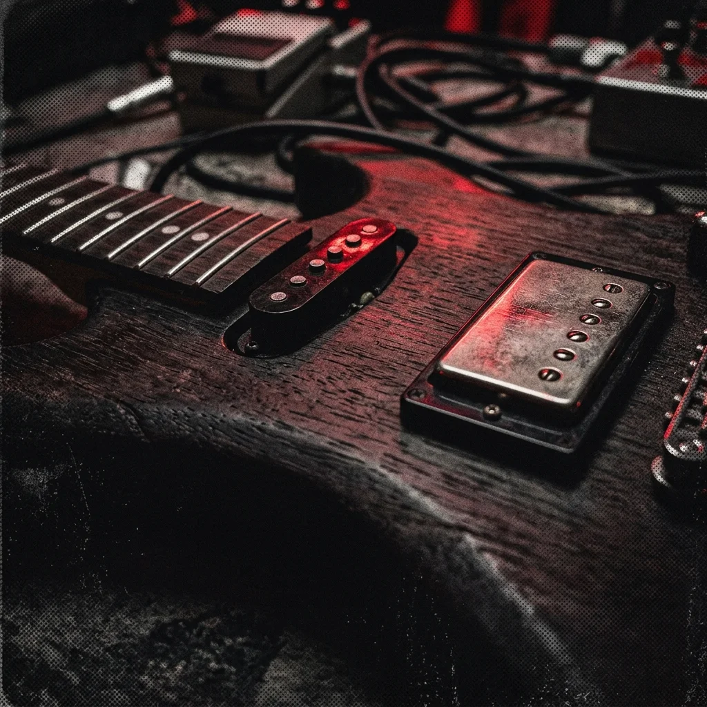 Primer plano de pastillas de guitarra eléctrica: single-coil blancas a la izquierda y humbucker negro a la derecha sobre acabado de madera oscura — comparación técnica