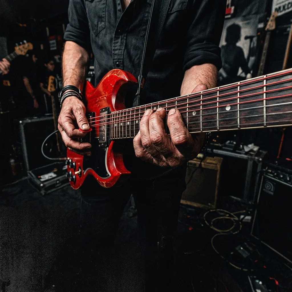 Manos de guitarrista principiante tocando acordes en guitarra eléctrica roja sobre fondo oscuro de taller, enfocado en los dedos sobre los trastes — correcta postura de mano izquierda
