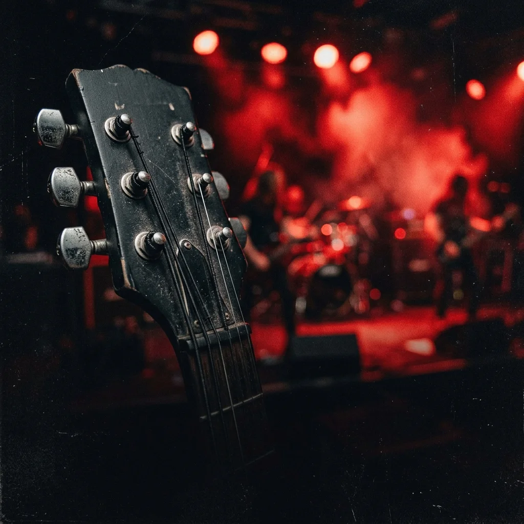 Headstock de guitarra eléctrica negra en primer plano con clavijas doradas, desenfocado en el fondo un escenario oscuro con luces rojas — símbolo de aspiración musical sin nombre de marca visible