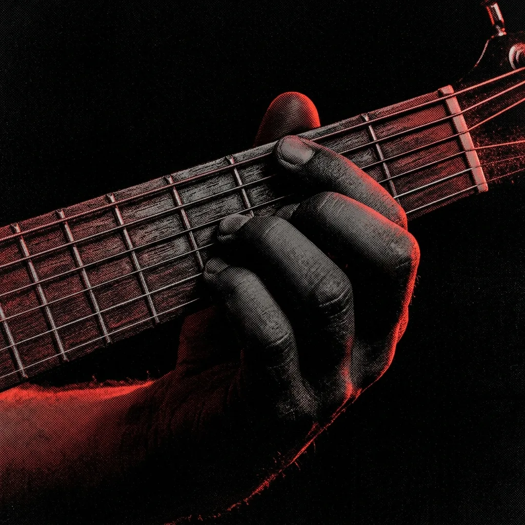 Mano formando un acorde sobre el diapasón de una guitarra, iluminada en rojo sobre fondo negro