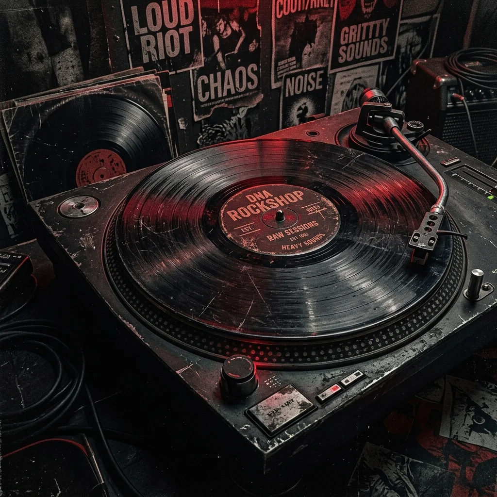 Vinilo de rock latinoamericano de los años 60 sobre fondo de madera oscura con detalles de cuero y tachuelas, estética gritty de colección vintage sin logos de banda