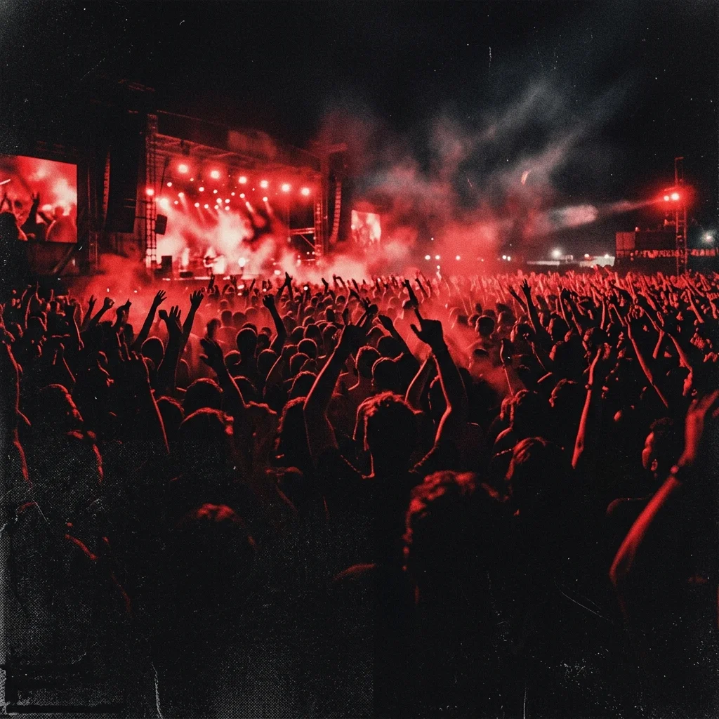 Escenario oscuro con luces de colores y siluetas de guitarristas en concierto latinoamericano de estadio de los años 90, vista desde la audiencia — multitud en primer plano con brazos levantados