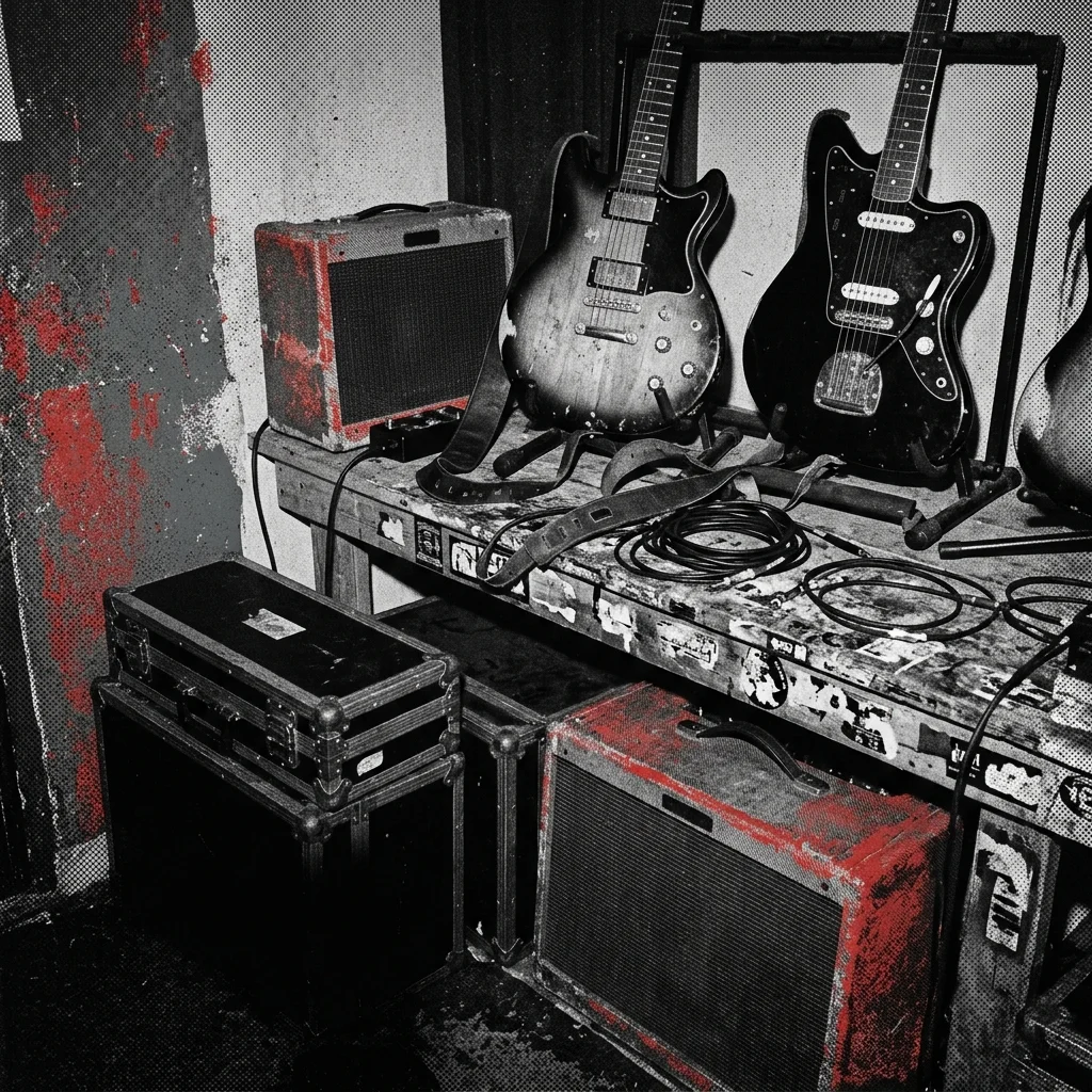 Guitarras eléctricas vintage sobre mapa estilizado de Latinoamérica con texturas de rojo y negro gritty — fusión visual de geografía y rock sin texto ni logos