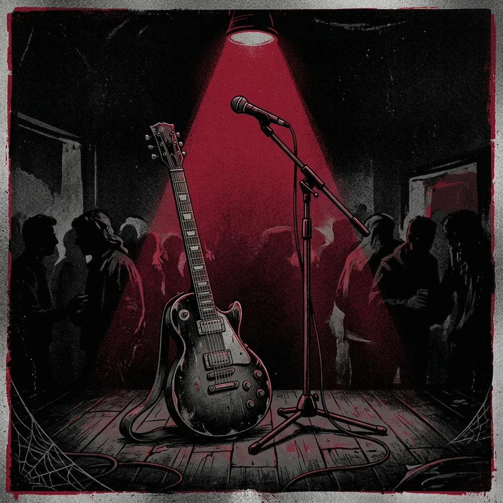 Guitarra eléctrica junto a un pie de micrófono bajo un foco rojo en un escenario íntimo, con público en silueta