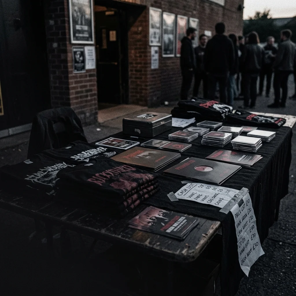 Mesa de mercancía de banda independiente en exterior de venue mexicano con camisetas negras dobladas, vinilos y CDs en estuches sobre paño negro, iluminación natural de tarde, sin logos ni caras
