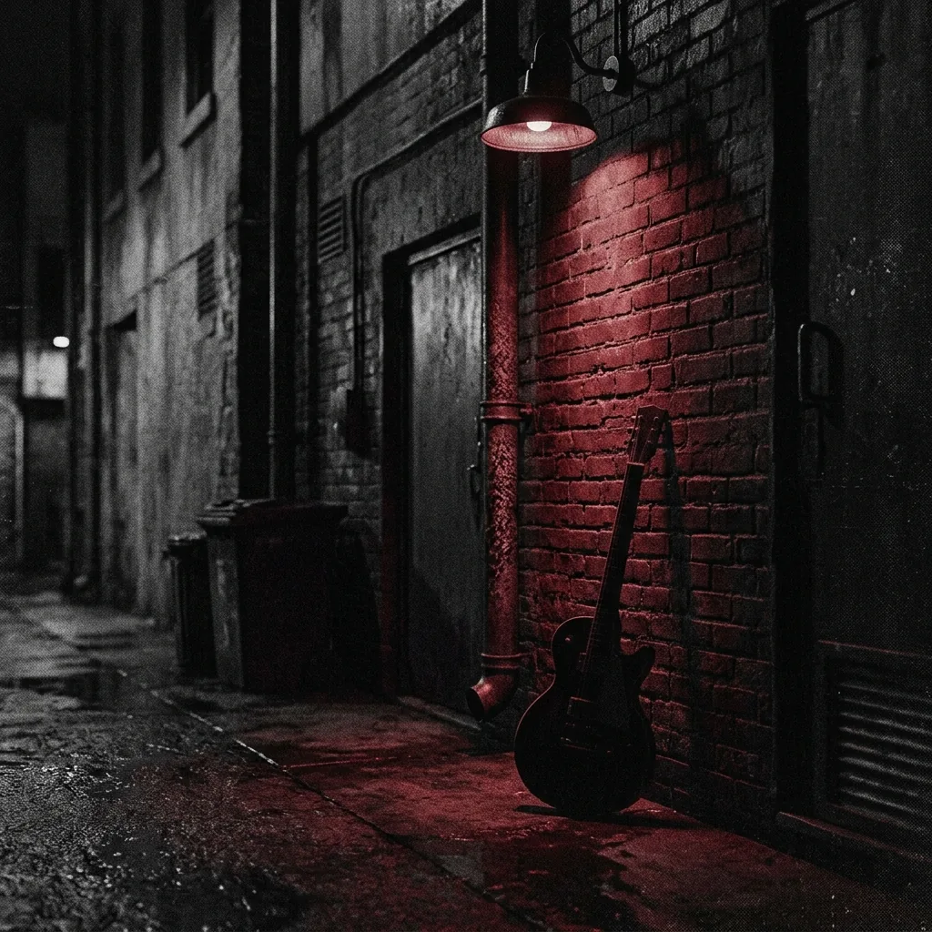 Guitarra eléctrica apoyada contra un muro de ladrillo en un callejón nocturno bajo una farola roja