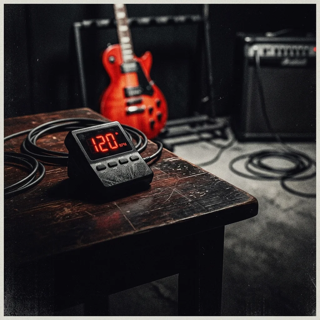Metrónomo digital negro encendido con display LED sobre mesa de madera oscura, guitarra eléctrica roja desenfocada al fondo — setup de práctica estructurada