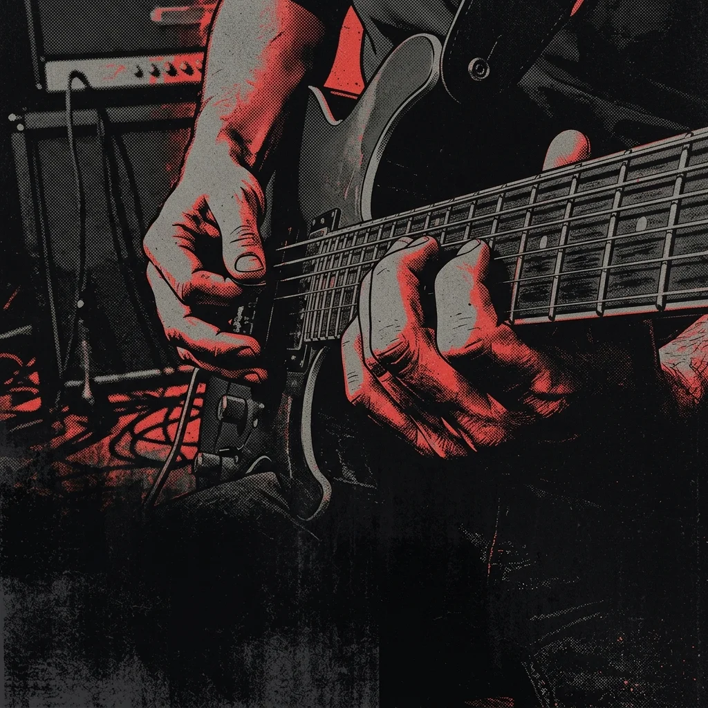 Manos de guitarrista practicando posición de acorde en guitarra eléctrica negra, dedos curvados sobre trastes mostrando técnica correcta — práctica deliberada enfocada en la forma
