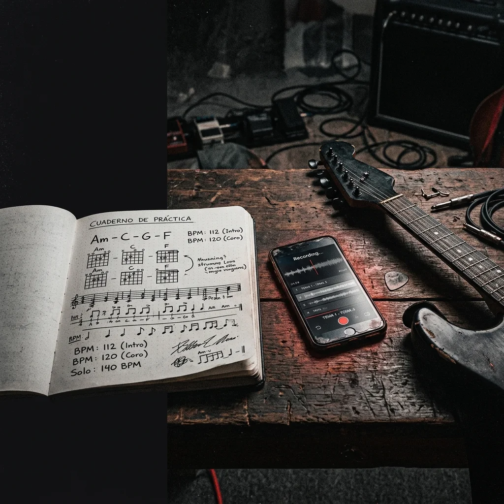 Cuaderno abierto con notas de práctica de guitarra y BPM anotados a mano, junto a teléfono con app de metrónomo sobre mesa oscura — sistema de registro de progreso musical