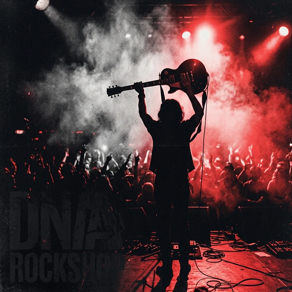 Escenario de concierto de rock clásico con luces rojas y humo, guitarrista en silueta con Les Paul levantada, ambiente gritty de arena de los años 70