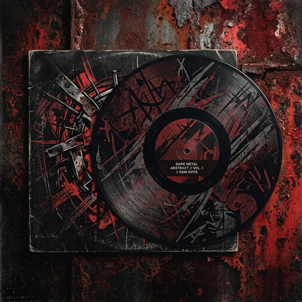 Vinilo negro de heavy metal sobre fondo de textura de metal oxidado y rojo oscuro, imagen gritty y pesada sin logos ni arte con copyright